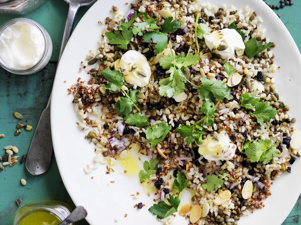 mediterranean grain salad with honey cumin labne