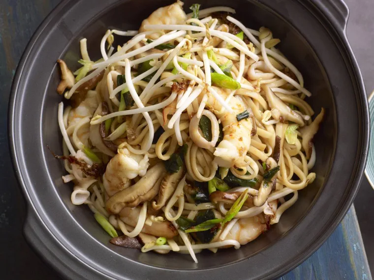 Seafood and udon noodle stir-fry