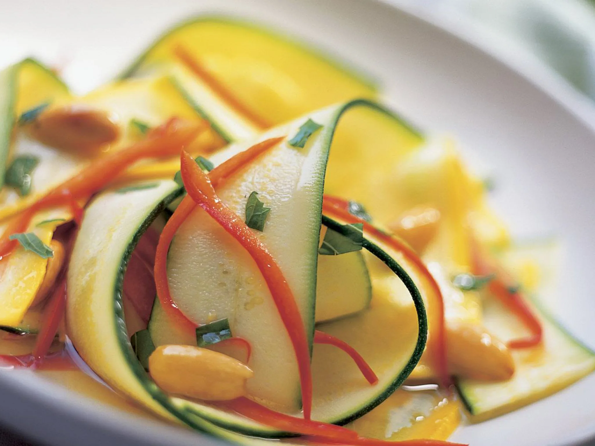 Zucchini ribbon salad with spearmint and almonds