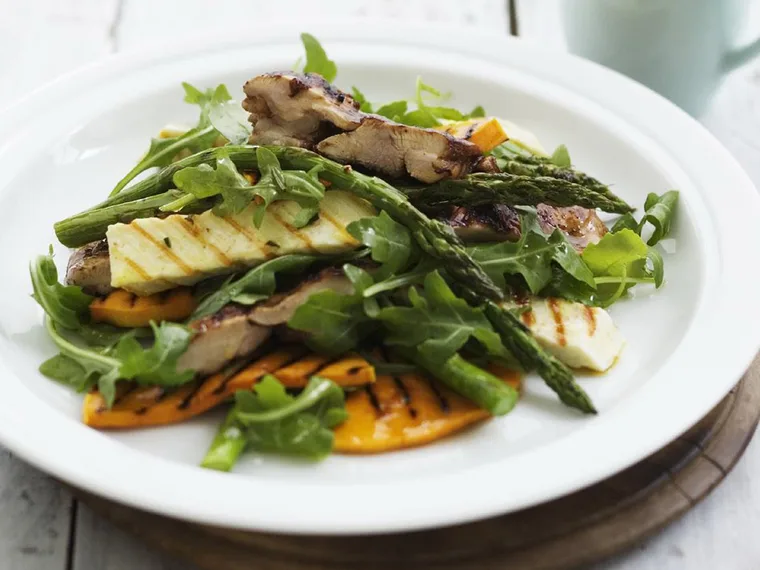 char-grilled chicken, vegetables and haloumi salad