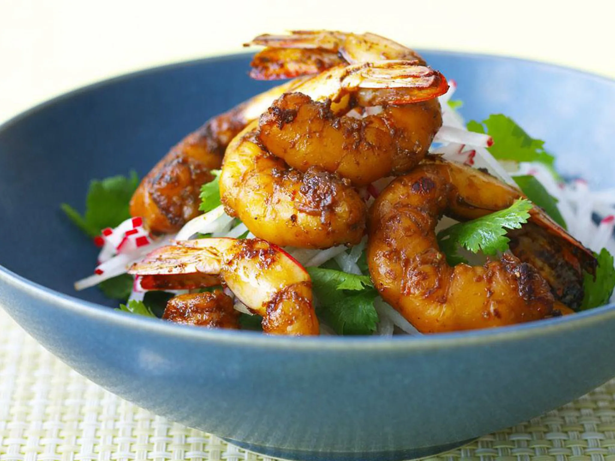 shichimi-spiced prawns with radish salad