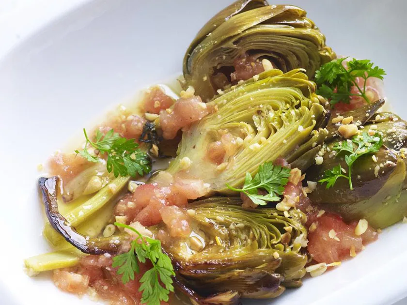 Braised Artichokes with Tomato Vinaigrette