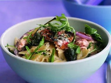 farfalle with salmon, caper berries and dill