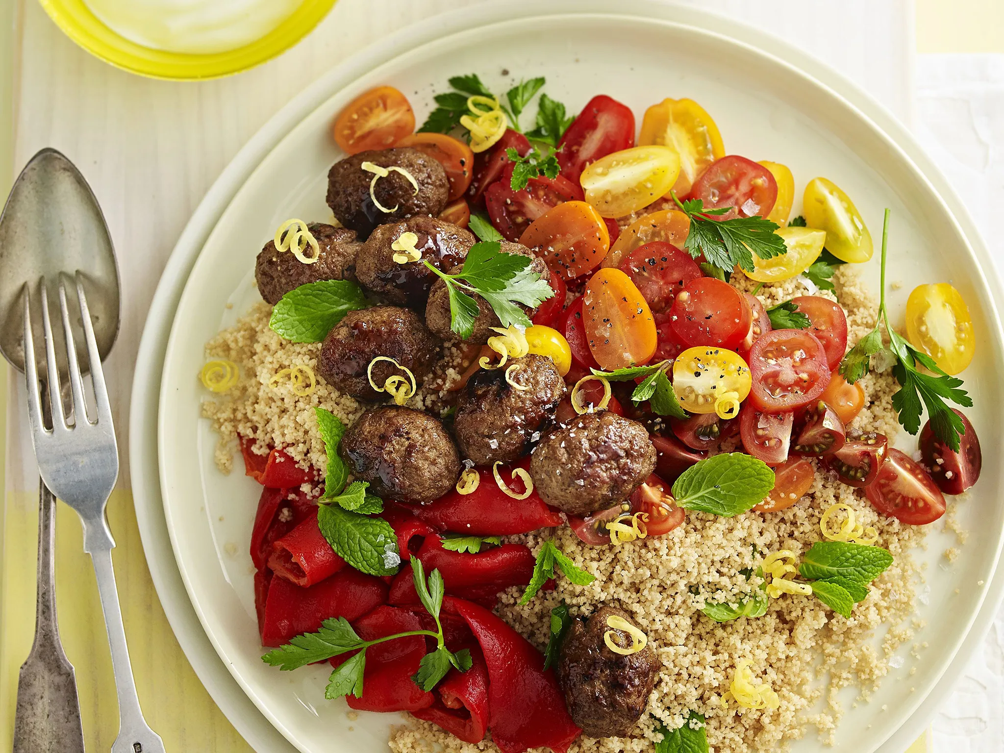 sticky pomegranate koftas     with herb couscous