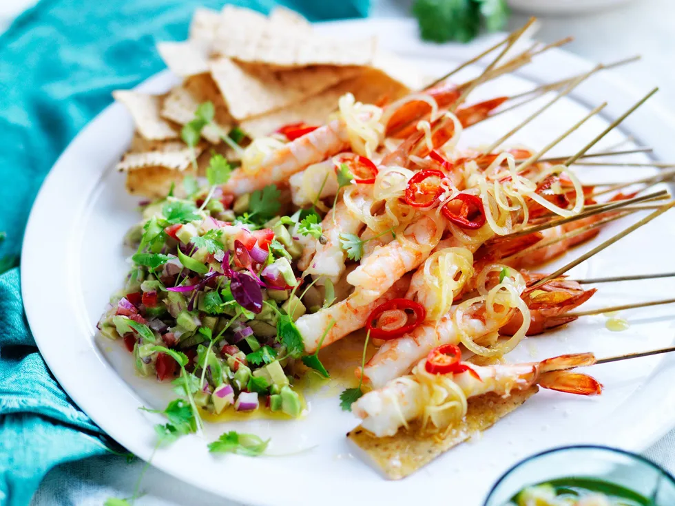 warm spiced prawns with     avocado salsa