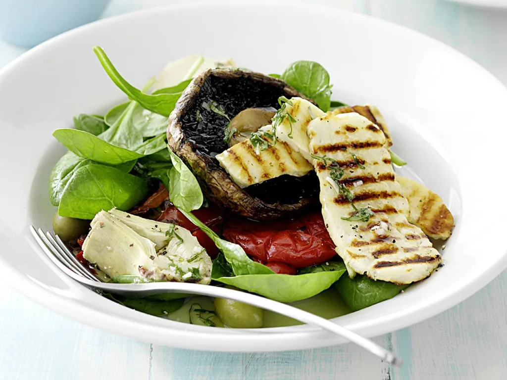 Barbecued vegetables and haloumi with lemon basil dressing