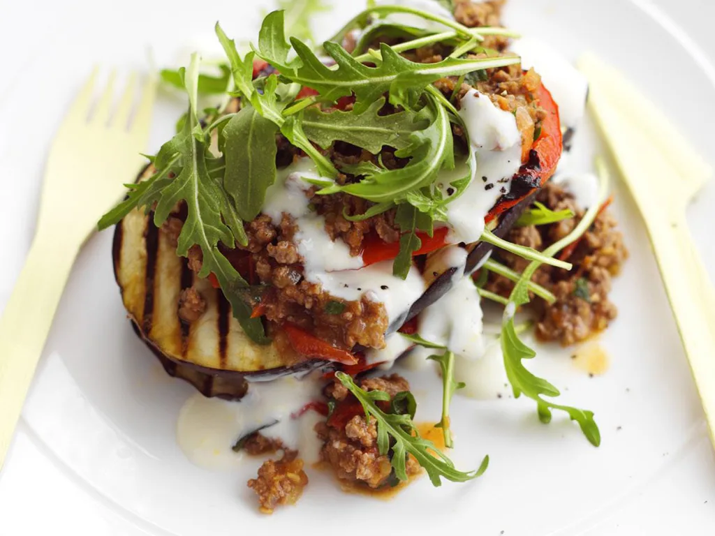 MOUSSAKA STACK WITH LEMON-YOGURT DRESSING