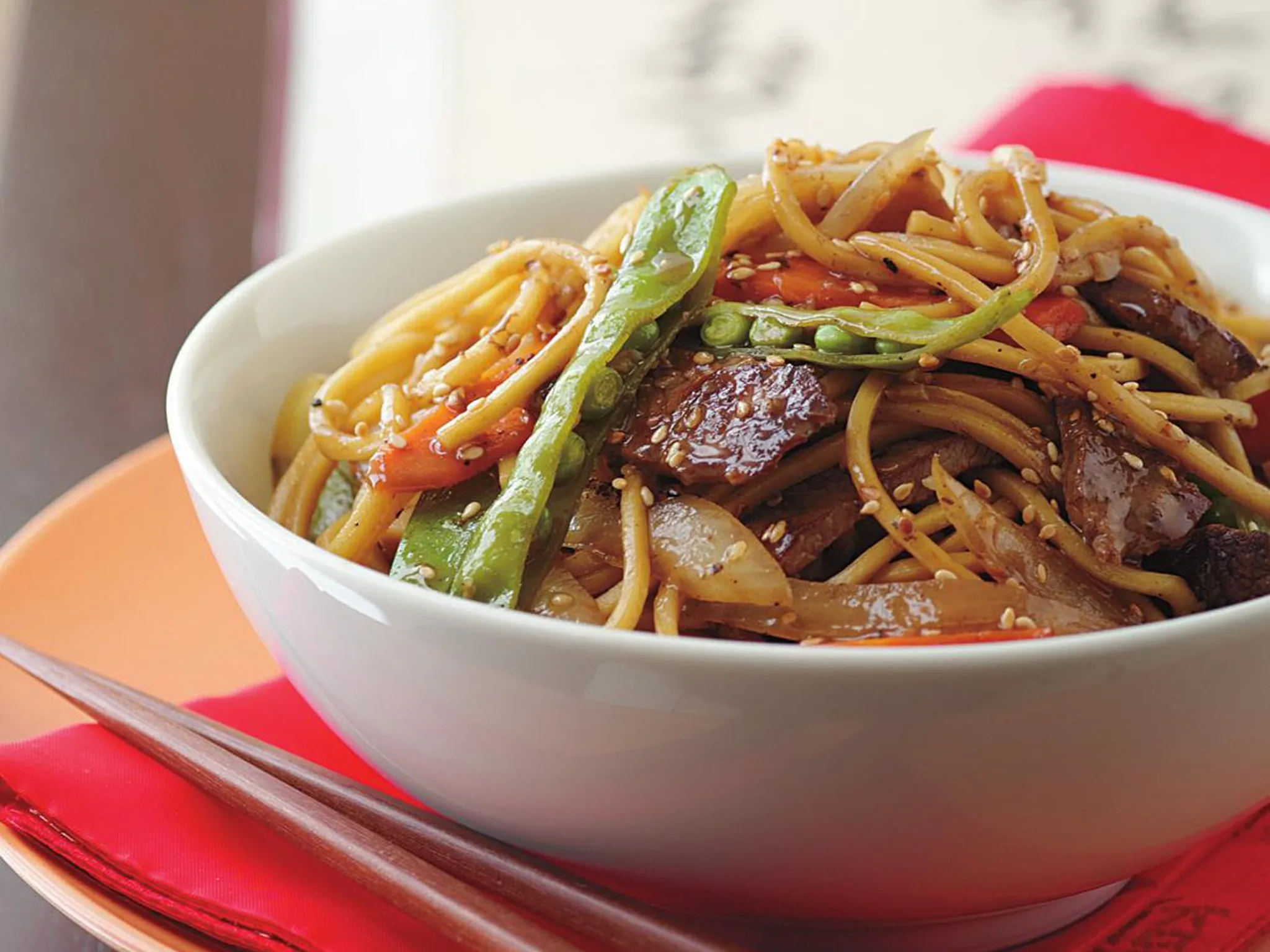 lamb and hokkien noodles in plum sauce