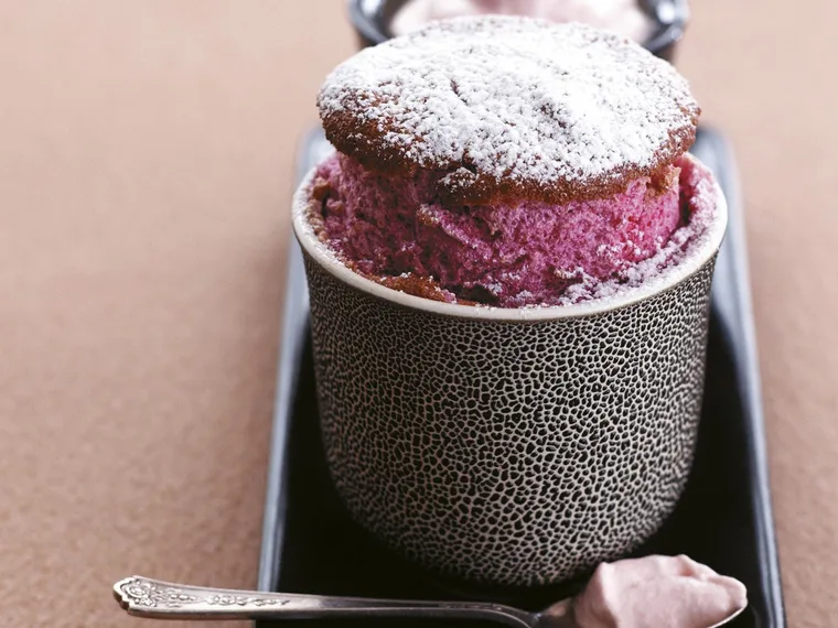 hot raspberry souffl&eacute;s