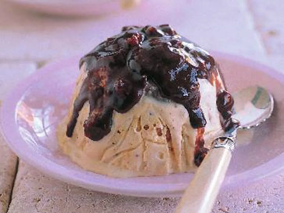 ice-cream timbales with rocky road sauce