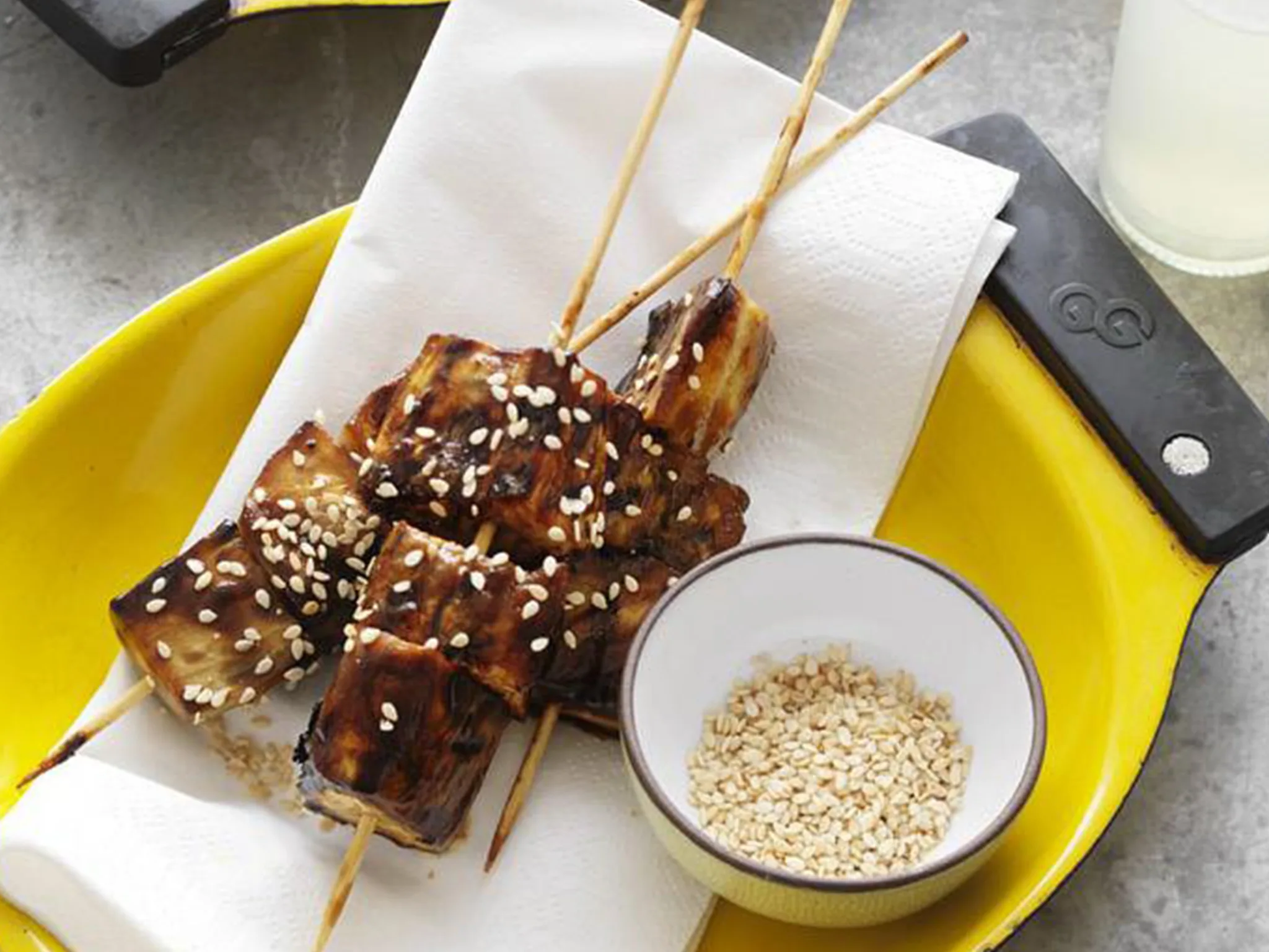 honey, soy and sesame eggplant skewers