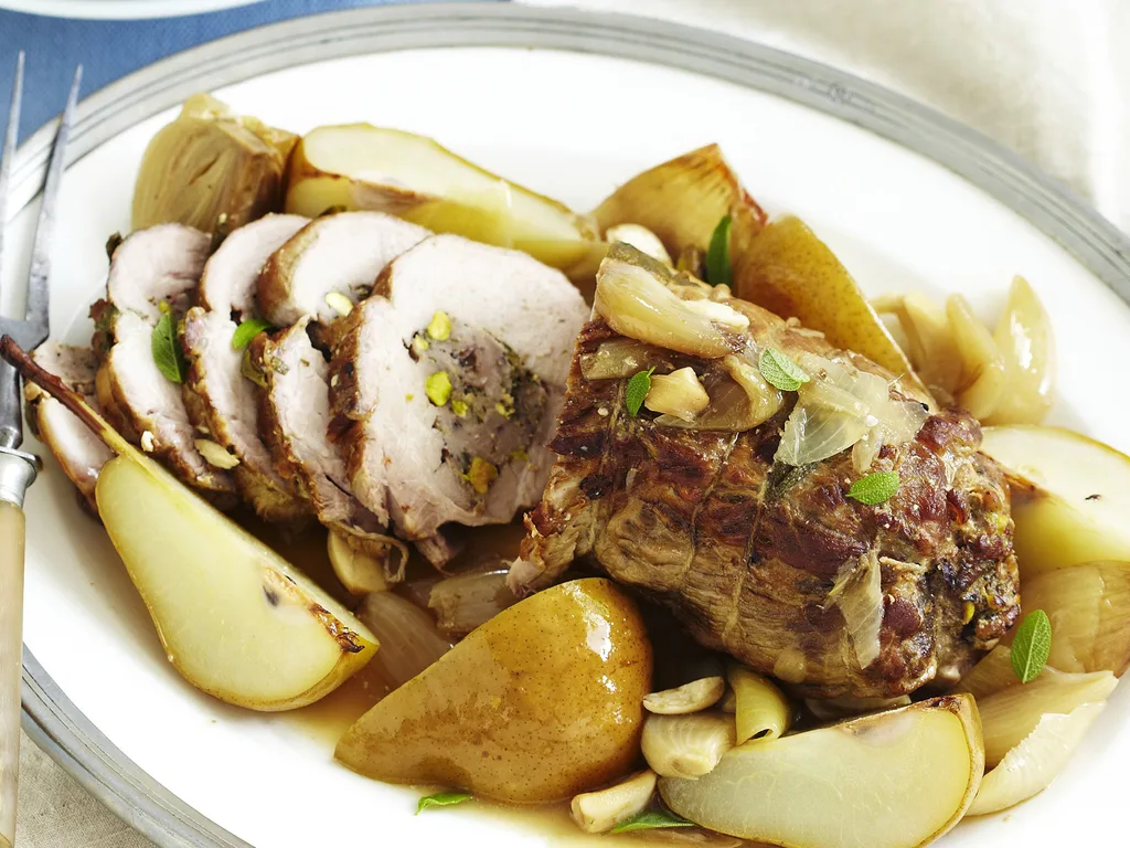 slow-cooked pork neck with cider and pear