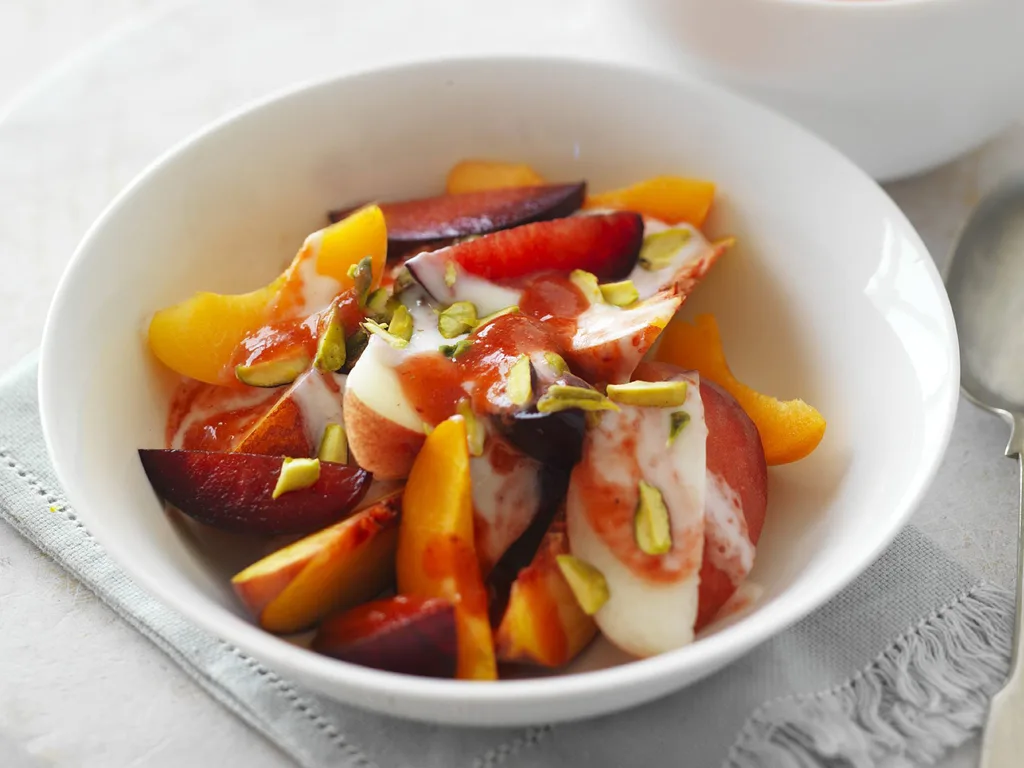 stone fruit with strawberry  rosewater swirl yoghurt