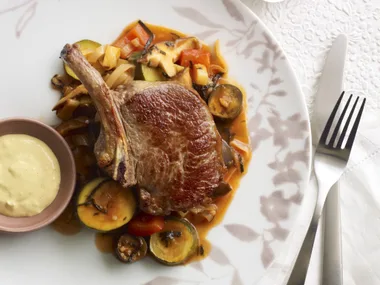 Veal cutlets with vegetable hot pot and soy mayonnaise