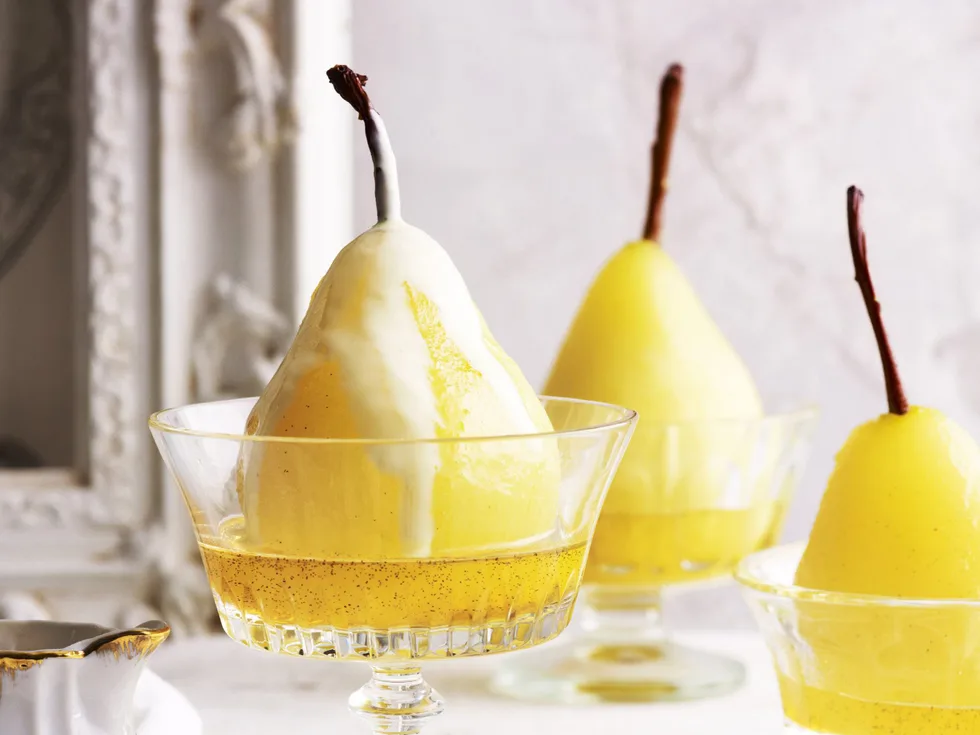 Champagne and rosewater poached pears