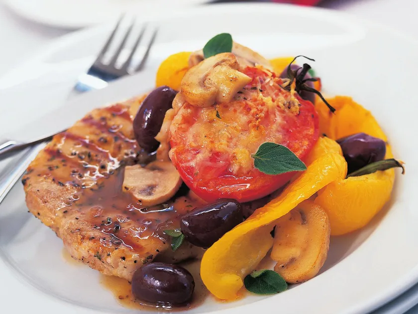 Pork steaks with baked capsicum salad | Women's Weekly Food