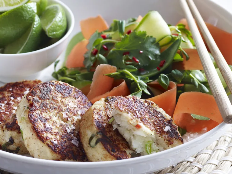 asian-style fish cakes with cucumber and carrot salad