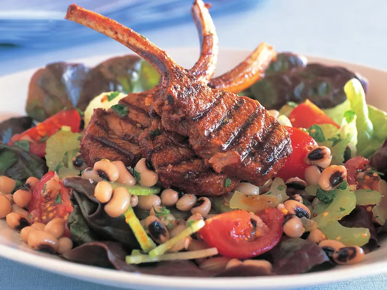 lamb cutlets and black-eyed bean salad