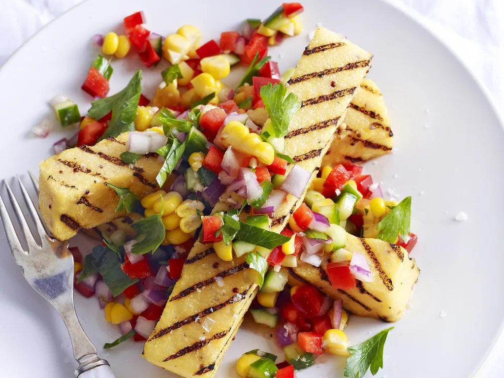 char-grilled polenta strips with corn salsa