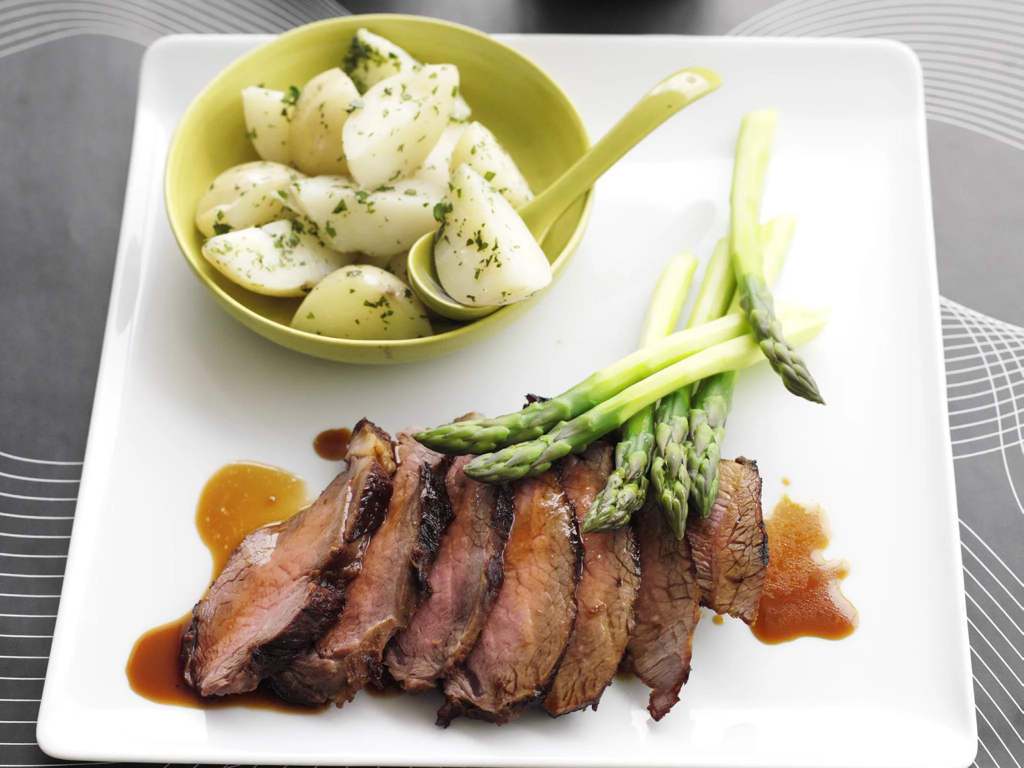 Barbecued soy & ginger lamb with coriander potatoes