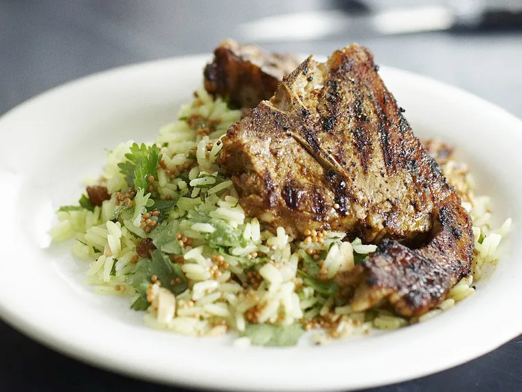 Lamb chops rogan josh with pulao salad