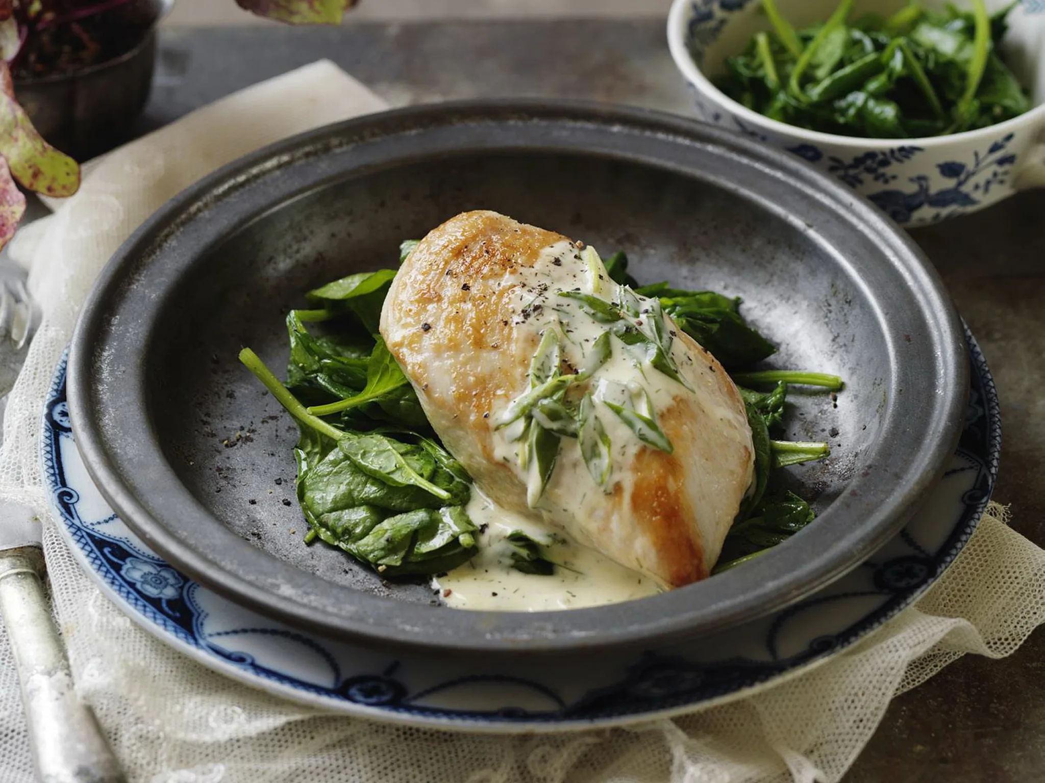Creamy horseradish chicken with garlic sautéed spinach