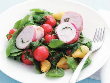herb-stuffed chicken with tomato salad