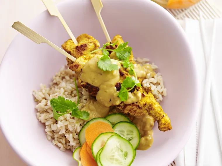 chicken satay skewers with pickled cucumber & carrot salad