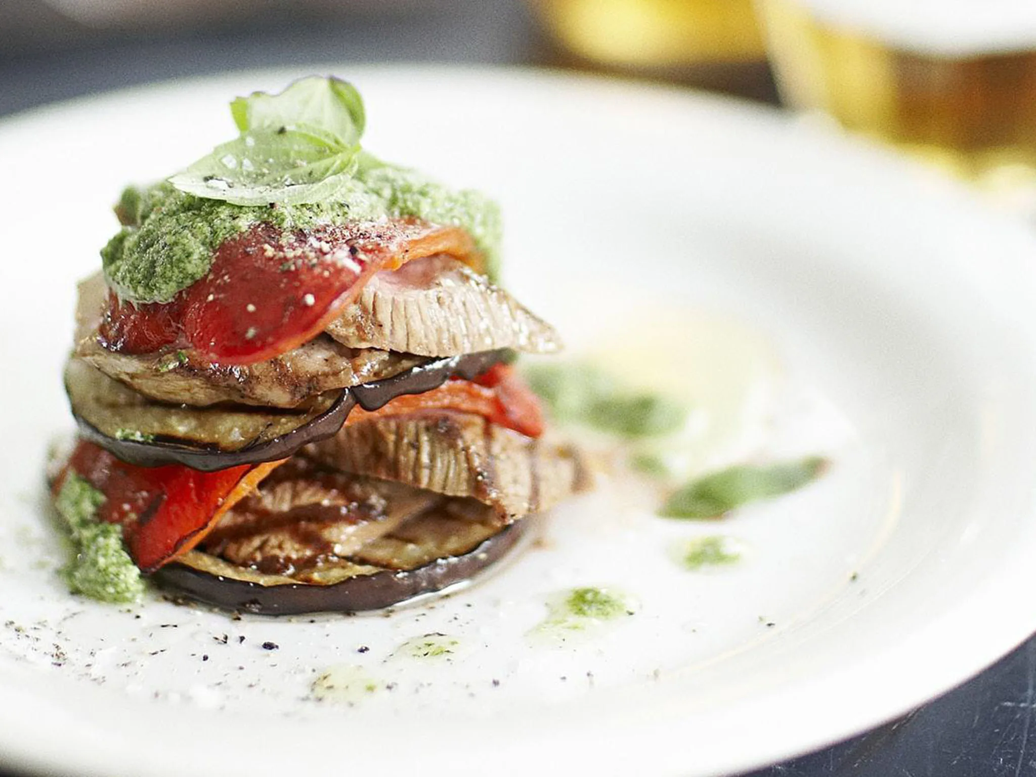 lamb stack with capsicum, eggplant and pesto