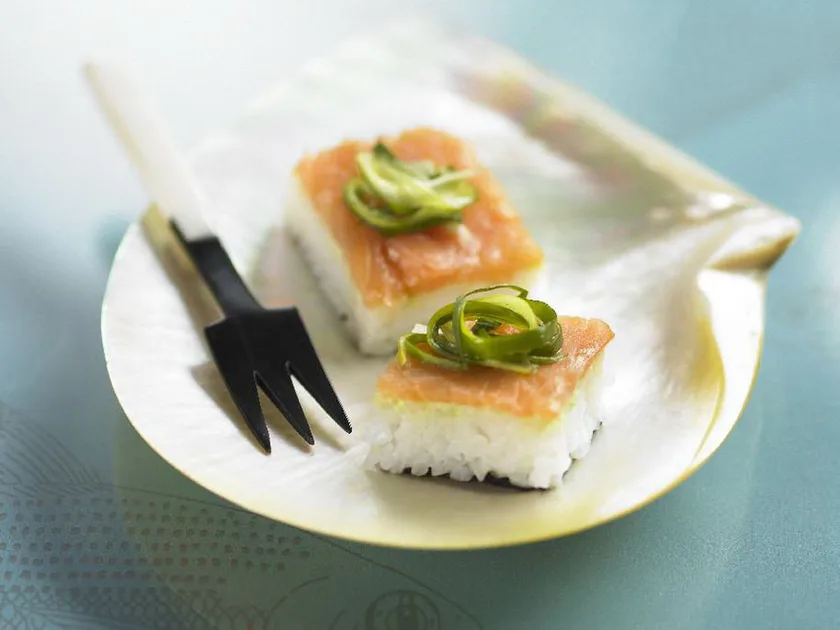 Smoked Salmon Sushi Bites with Pickled Green Onion
