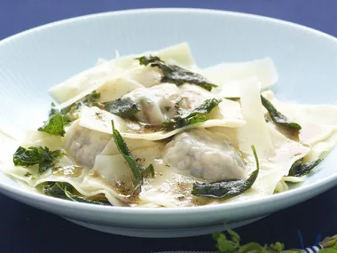 pork and veal ravioli with burnt butter sauce