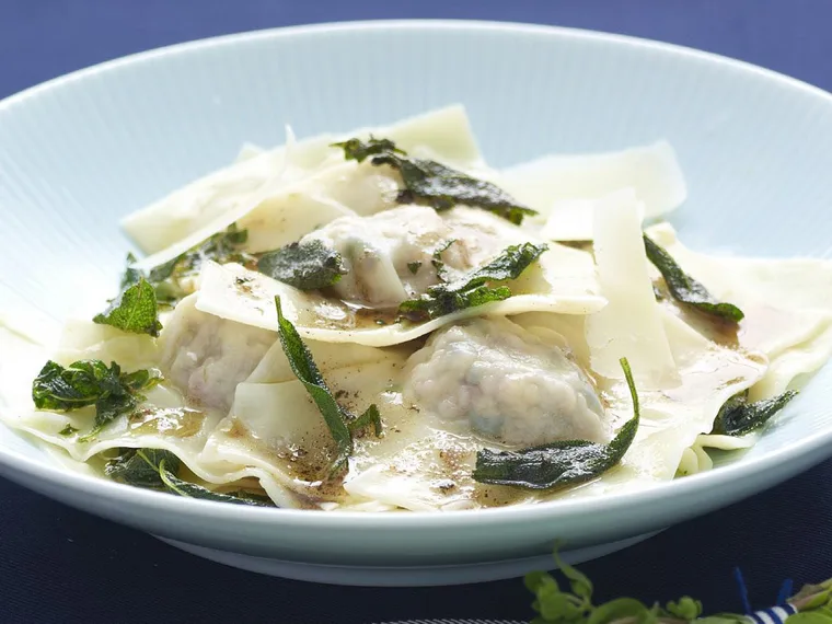 pork and veal ravioli with burnt butter sauce
