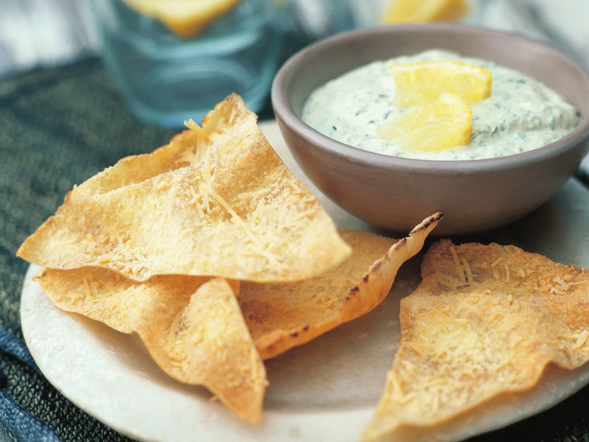 pesto dip with crisp garlic wedges