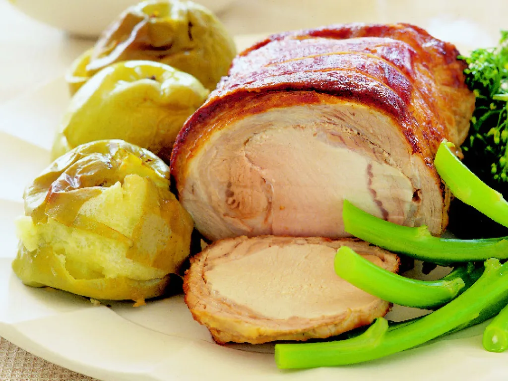 roast pork and apples with mustard fruits