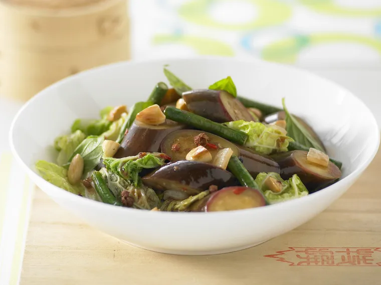 sichuan eggplant, almond and wombok stir-fry