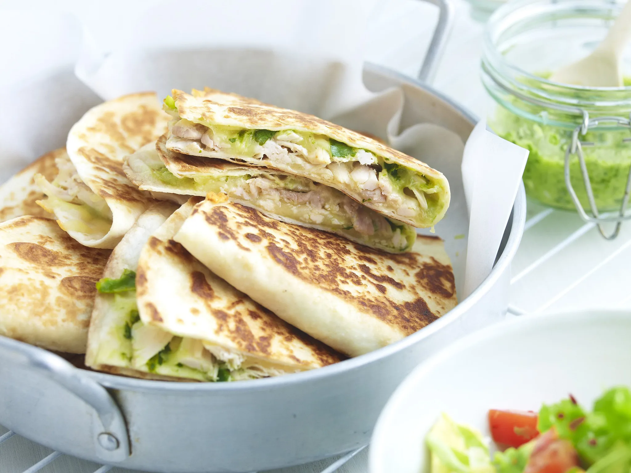 chicken quesadillas with avocado salad