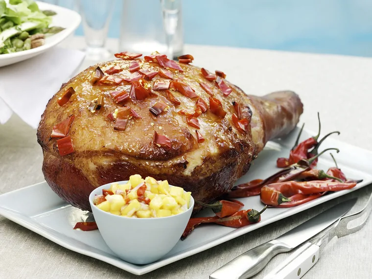 Glazed ham with mango and chilli salsa