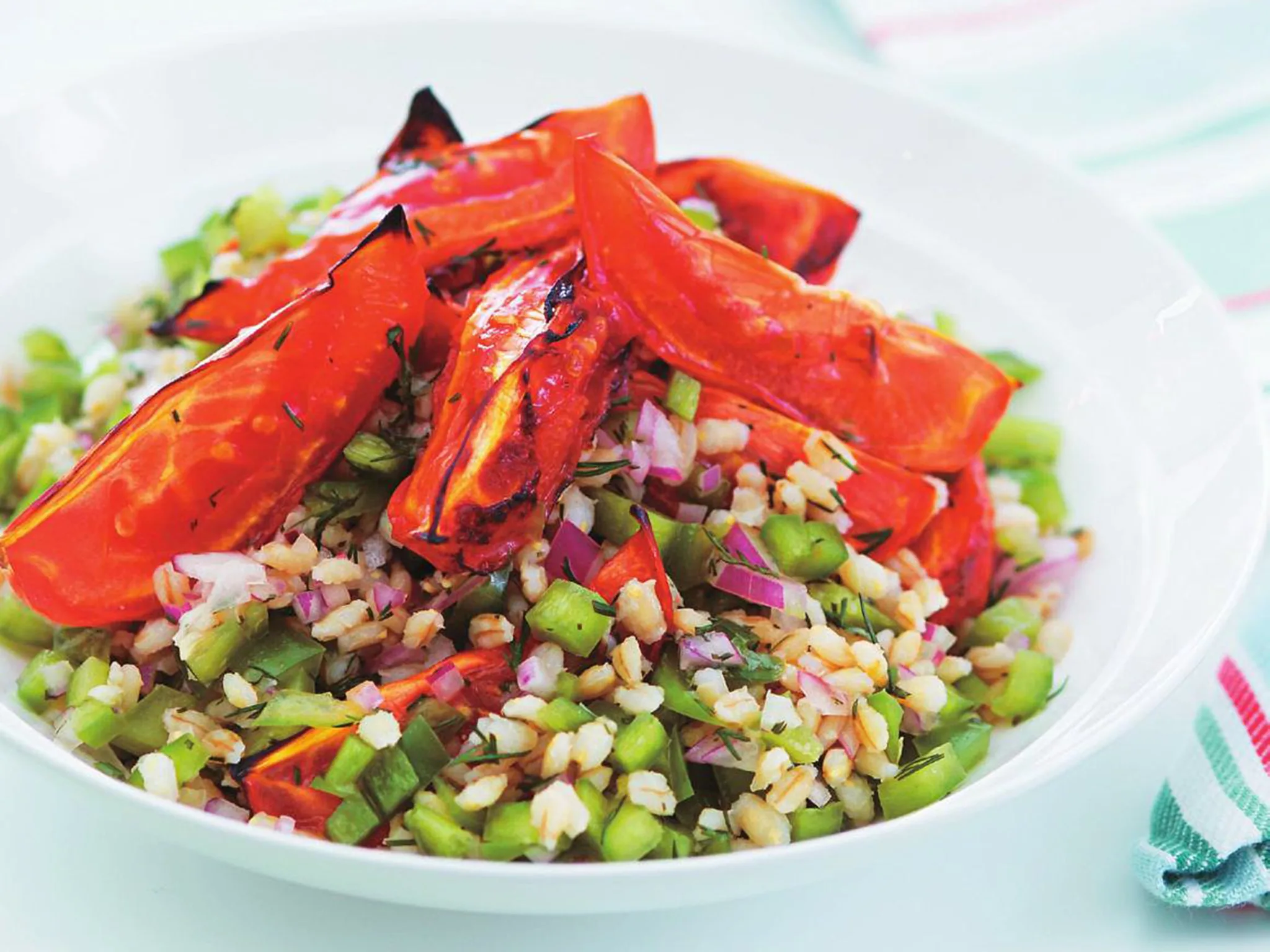 roasted egg tomatoes with barley salad