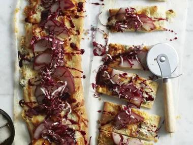 red wine, pear and gorgonzola party pizzas
