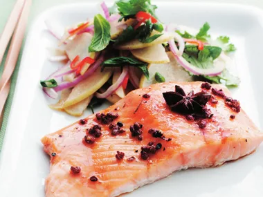 Asian-spiced salmon with nashi, mint and coriander salad