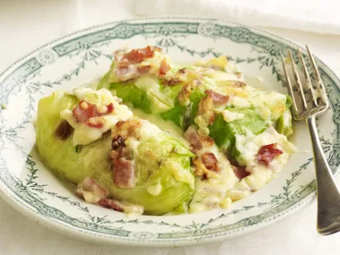 mash-filled cabbage rolls with cheesy cream sauce