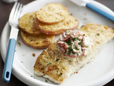 snapper and chilli-salted potato slices with capsicum remoulade