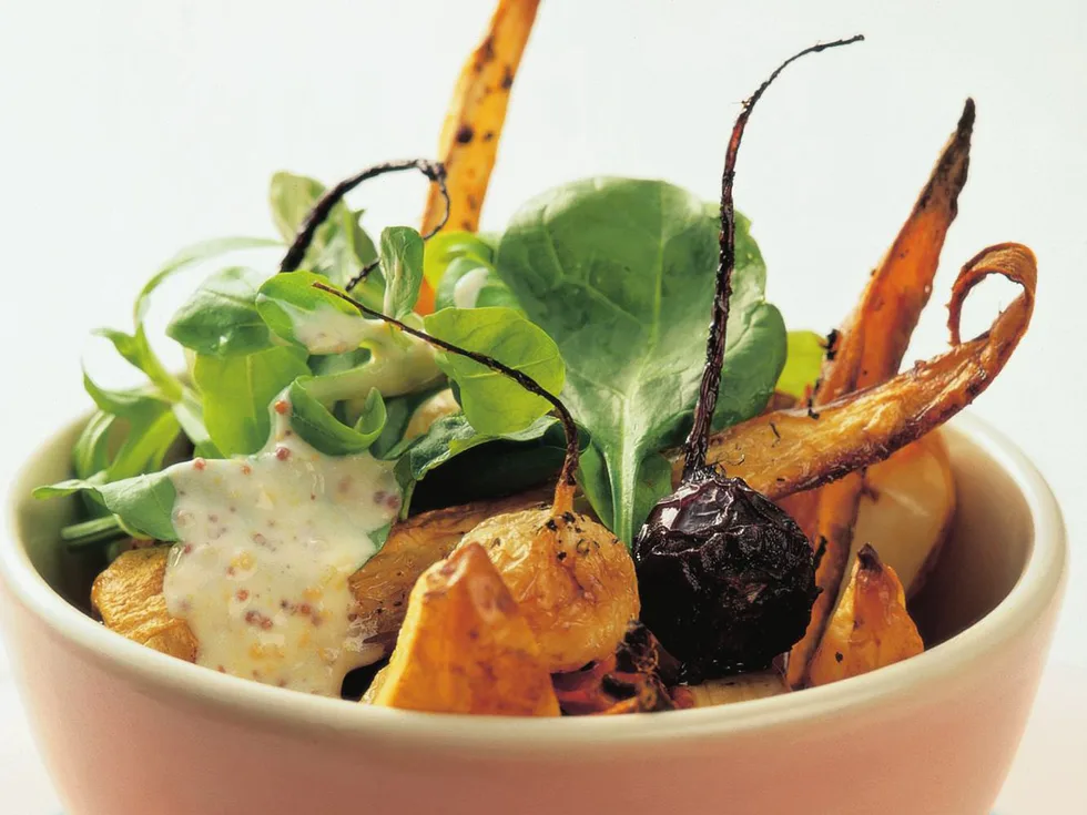 roasted autumn vegetables with toasted hazelnut dressing