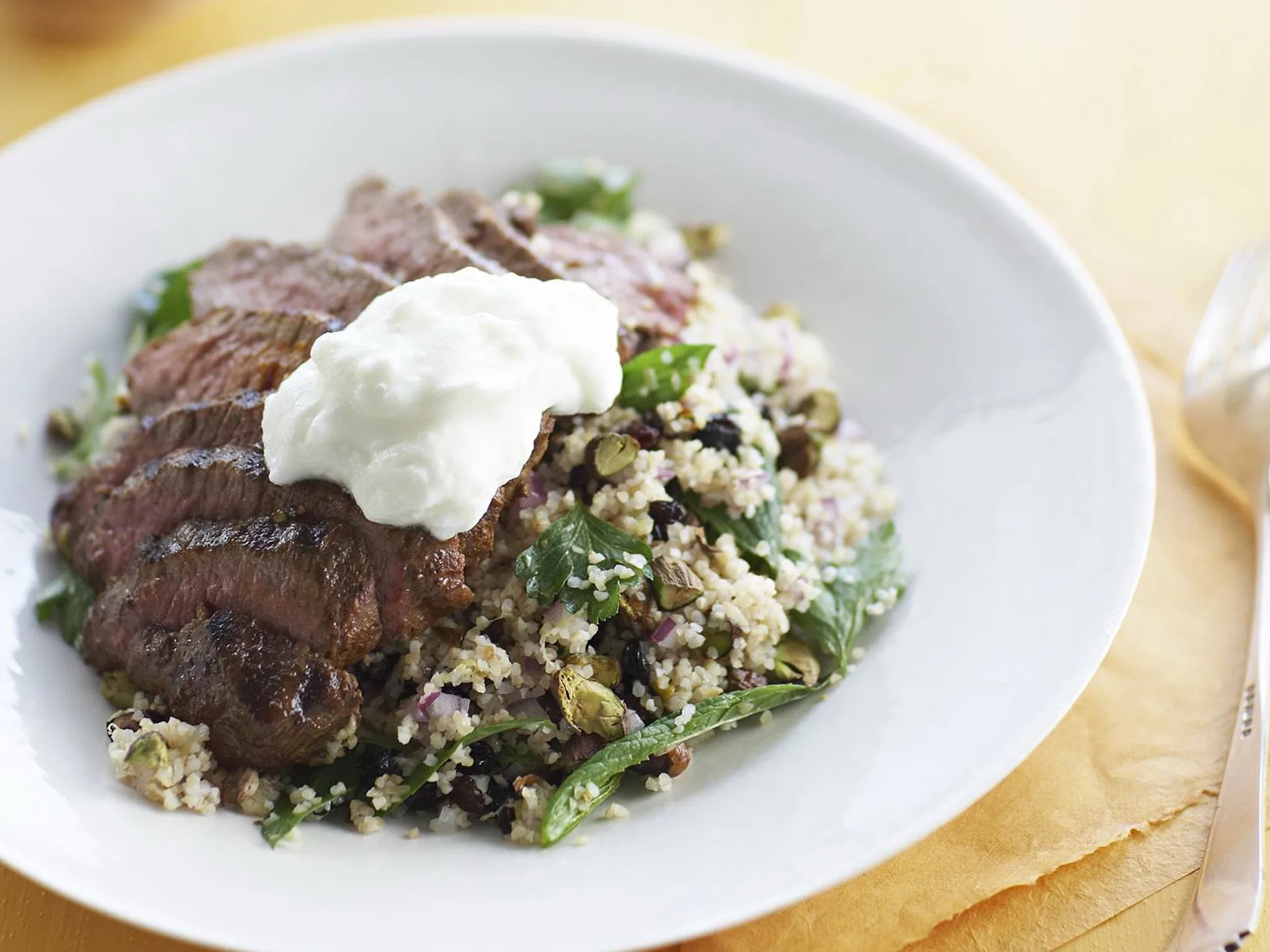 Grilled spiced lamb with burghul salad