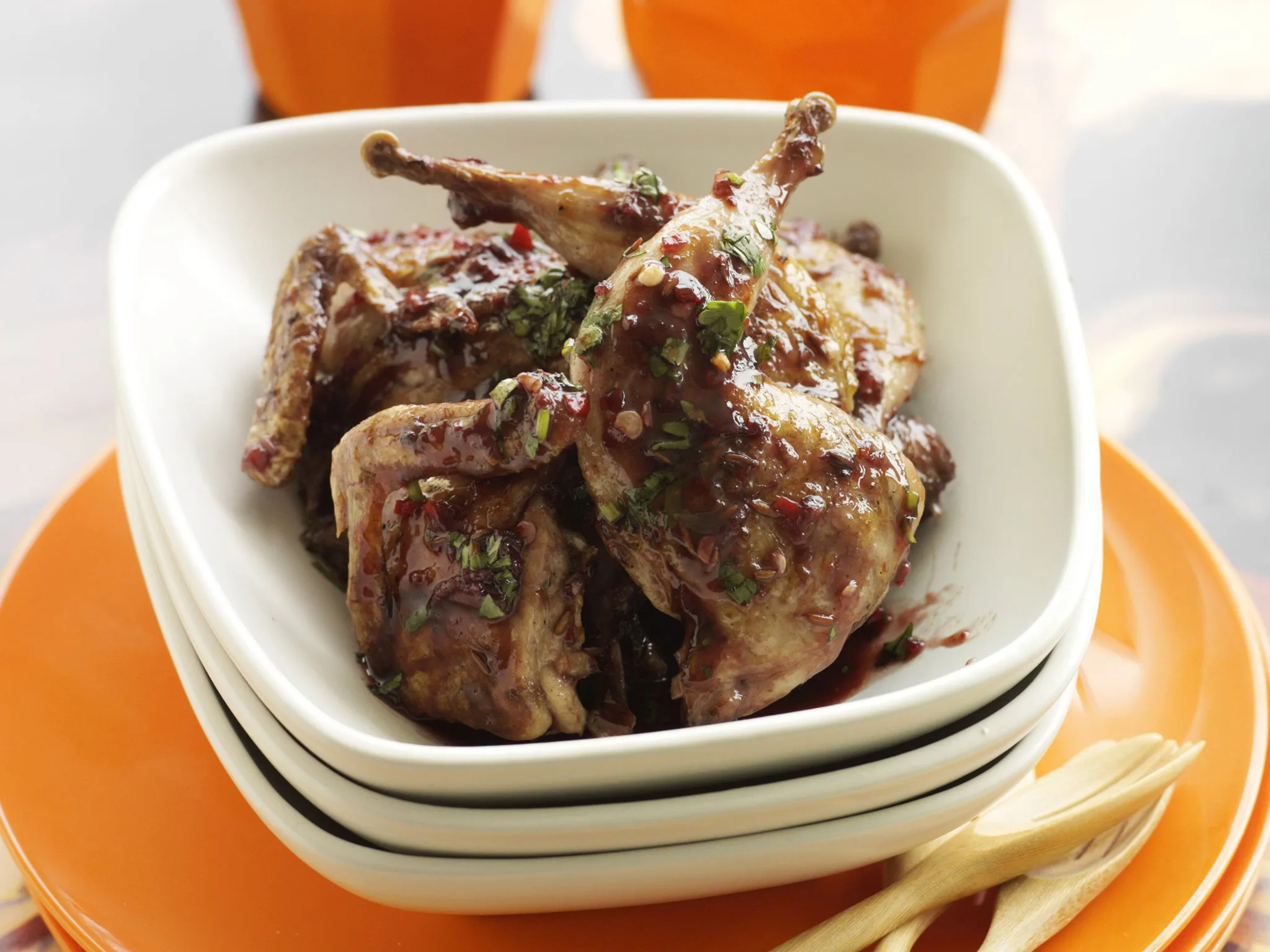 blood orange and chilli-glazed quail
