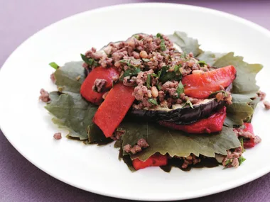 Layered vine leaves, eggplant and lamb