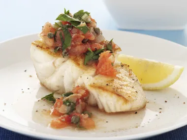 BLUE-EYE TREVALLA WITH TOMATO CAPER SALSA