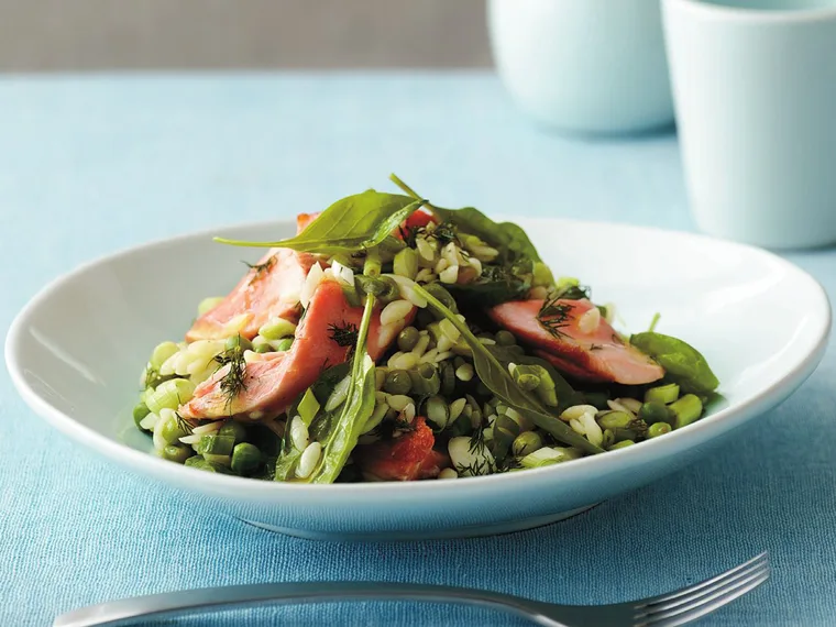 Warm salmon, risoni and pea salad