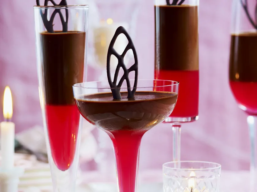 Chocolate Panna Cotta with Rhubarb Jelly