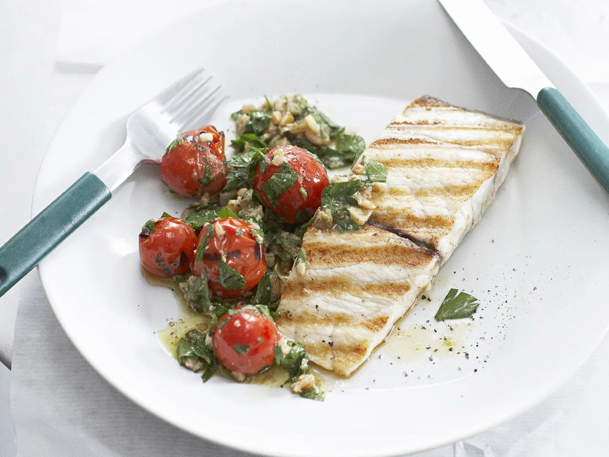 BARRAMUNDI WITH TOMATO, CAPER AND WALNUT DRESSING